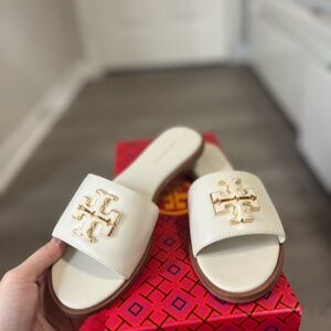 Tory Burch Cream Slides with Gold Emblem
